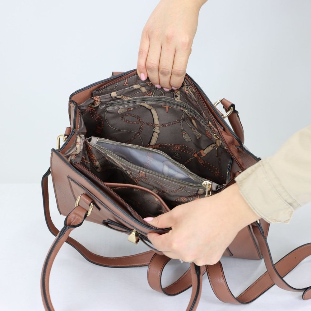 Brown Faux Leather Purse Cute Bow Accent Tote Cross Body Shoulder Hand Bag - Picture 7 of 12